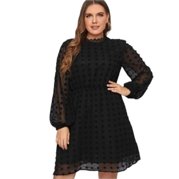 NEW black dress swiss dot bishop sleeve a-line high neck cocktail 1XL‎ - Picture 1 of 13